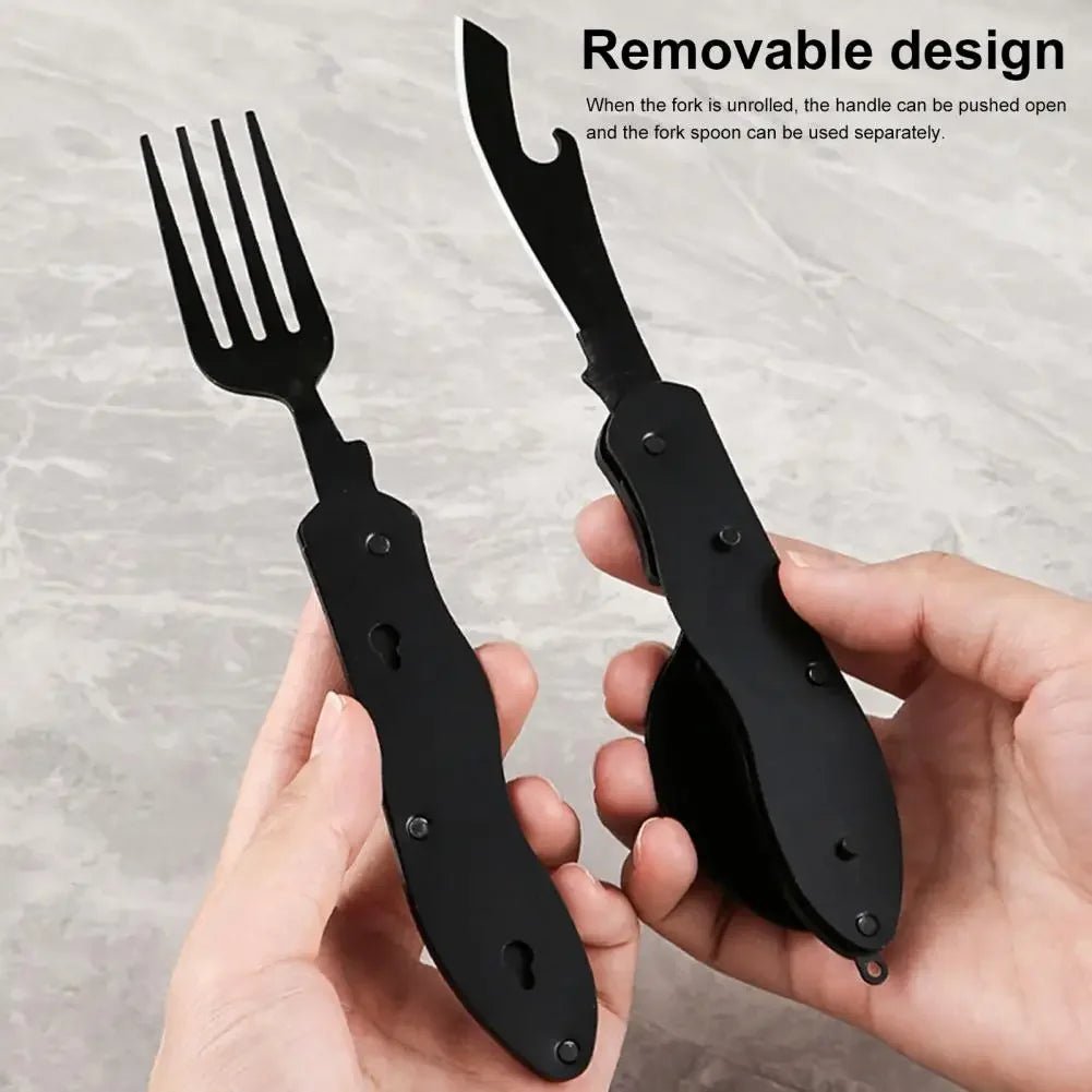 3 - in - 1 Folding Camping Cutlery Set – Spoon, Fork, Knife & Bottle Opener with Hook Design - Real Rad Boutique