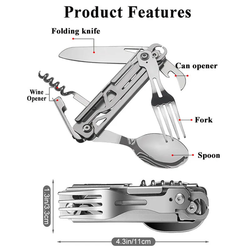 4 - in - 1 Stainless Steel Camping Cutlery – Folding Knife, Fork & Spoon Survival Gadget - Real Rad Boutique