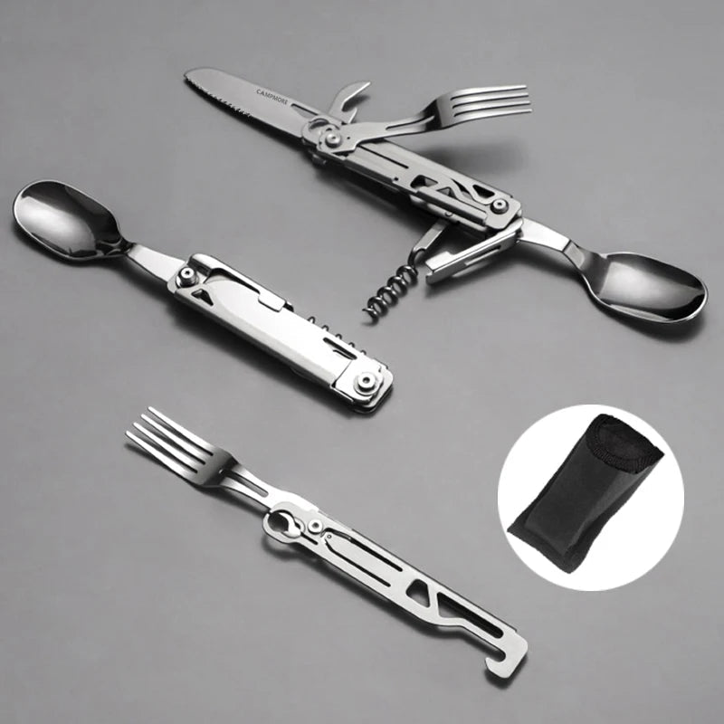 4 - in - 1 Stainless Steel Camping Cutlery – Folding Knife, Fork & Spoon Survival Gadget - Real Rad Boutique