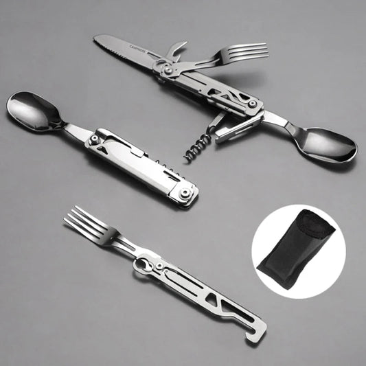 4 - in - 1 Stainless Steel Camping Cutlery – Folding Knife, Fork & Spoon Survival Gadget - Real Rad Boutique