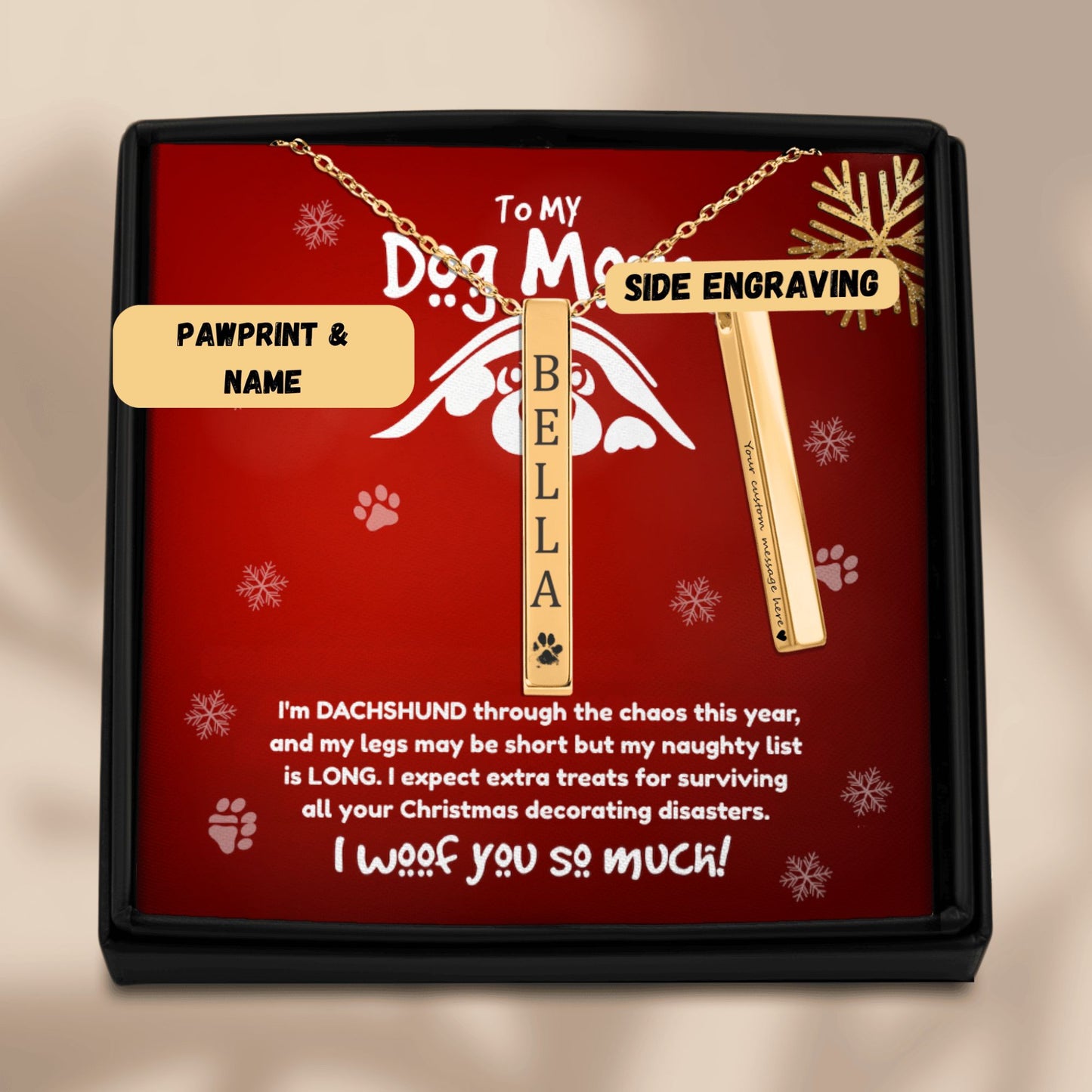 "To My Dog Mum” Engraved Bar Necklace – Funny Dachshund Christmas Gift