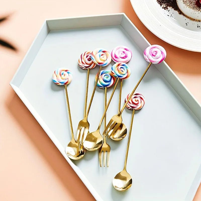 Cute Cartoon Donut & Lollipop Spoon & Fork Set – Stainless Steel Dessert Cutlery - Real Rad Boutique