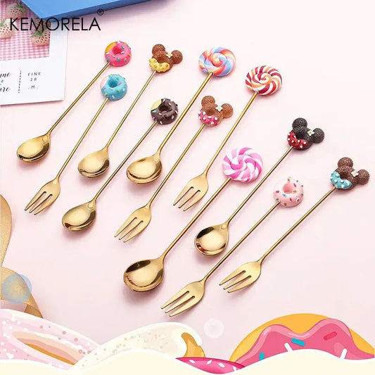 Cute Cartoon Donut & Lollipop Spoon & Fork Set – Stainless Steel Dessert Cutlery - Real Rad Boutique