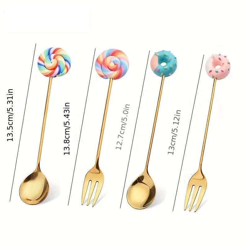 Cute Cartoon Donut & Lollipop Spoon & Fork Set – Stainless Steel Dessert Cutlery - Real Rad Boutique