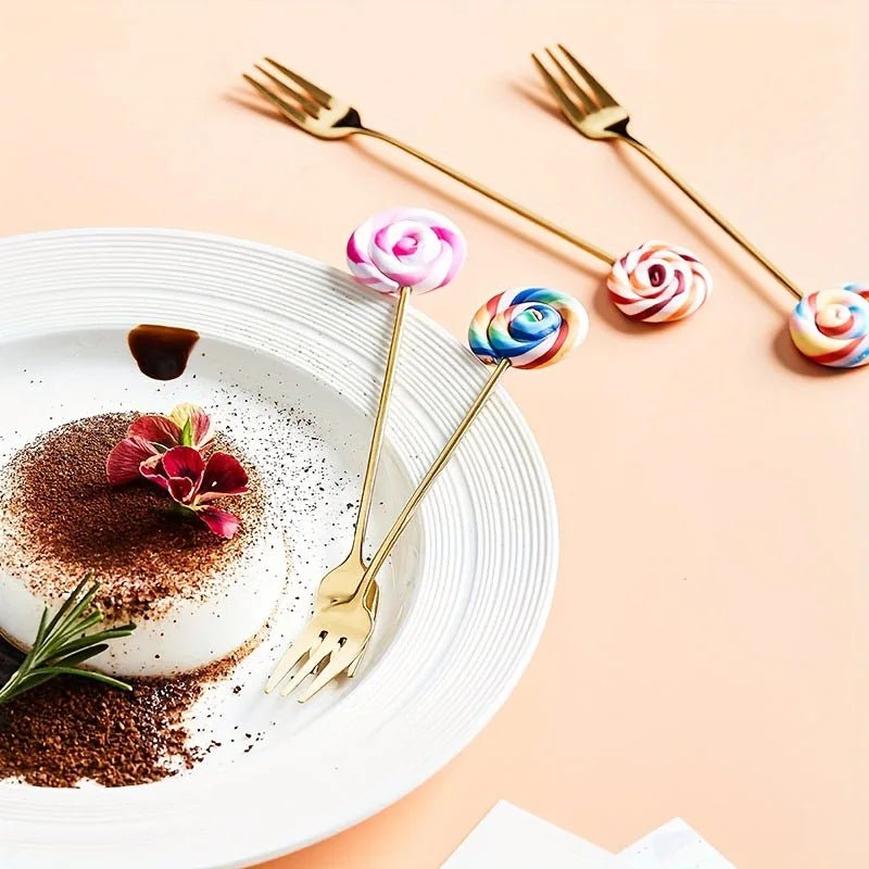 Cute Cartoon Donut & Lollipop Spoon & Fork Set – Stainless Steel Dessert Cutlery - Real Rad Boutique