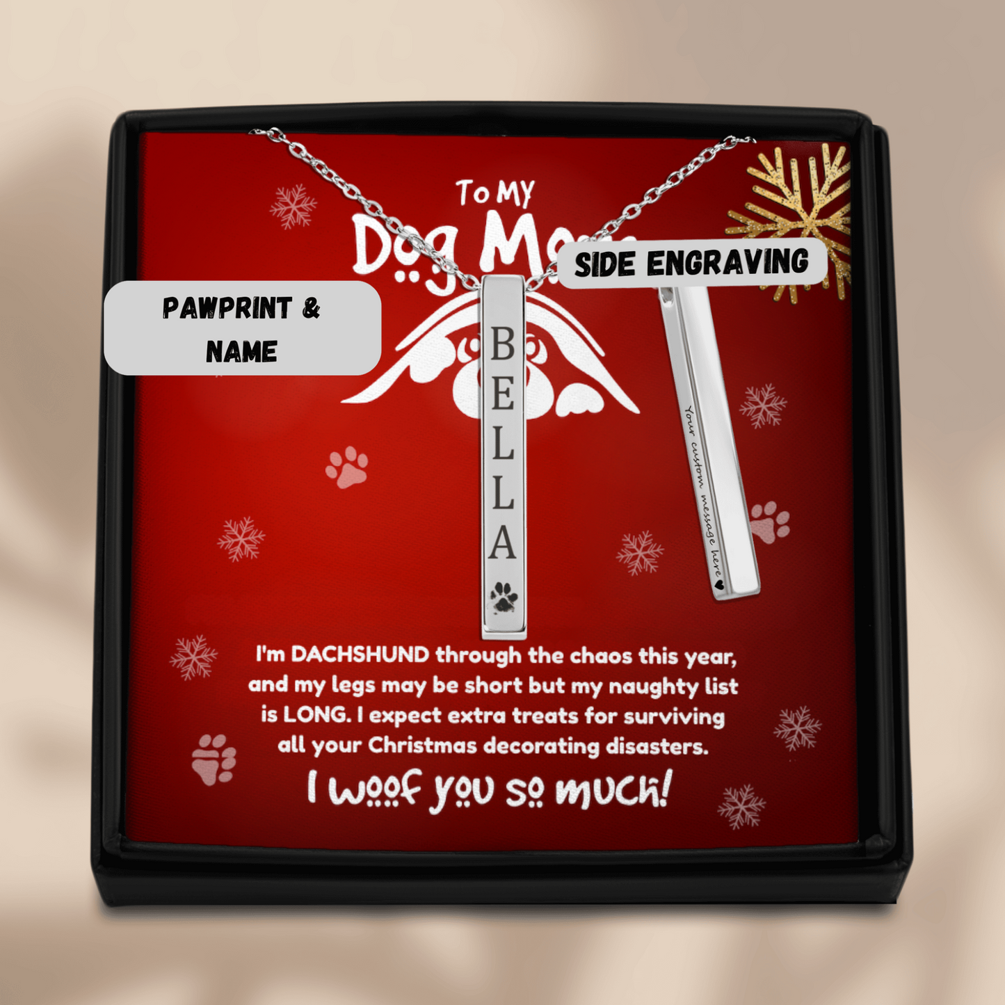 "To My Dog Mum” Engraved Bar Necklace – Funny Dachshund Christmas Gift