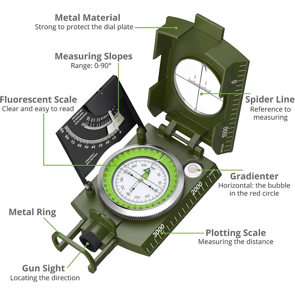 Multifunctional Military - Grade Survival Compass – Waterproof Metal with Fluorescent Dial & Inclinometer - Real Rad Boutique